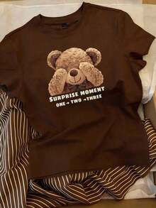 Conjunto de camiseta de manga corta con cuello redondo y estampado de oso de dibujos animados, y pantalones a rayas con cordón en la cintura para mujer - Marrón 2 - Ver 3