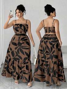 Vestido elegante de mujer talla grande con tirantes finos, cintura fruncida y diseño evasé, con estampado de hojas de dos colores, diseño evasé estilizador, elegante y sofisticado, adecuado para volver al colegio, graduación, San Valentín, festiva - Marrón - Ver 1