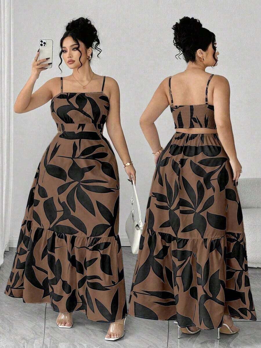 Vestido elegante de mujer talla grande con tirantes finos, cintura fruncida y diseño evasé, con estampado de hojas de dos colores, diseño evasé estilizador, elegante y sofisticado, adecuado para volver al colegio, graduación, San Valentín, festiva - Marrón - Ver 1