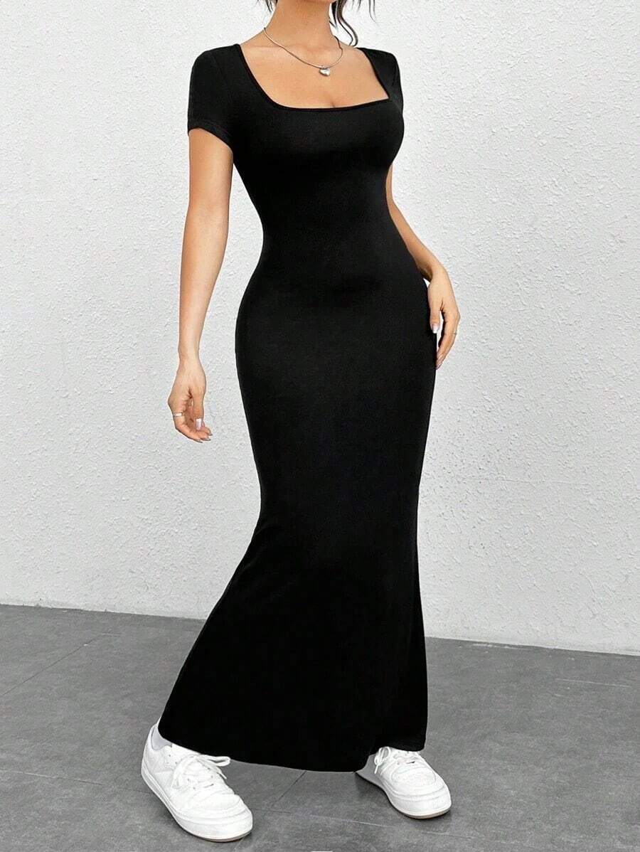 Vestidos De Verano, Vestido Ajustado Con Vuelo En La Parte Inferior Y Cuello Cuadrado - Negro - Ver 1