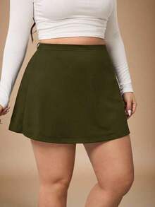 Falda corta casual de línea A de unicolor negro básico para mujer de talla grande, amigable con las curvas del Body redondeado, para el invierno, para la figura de Body redondeado tipo manzana - Verde militar - Ver 7