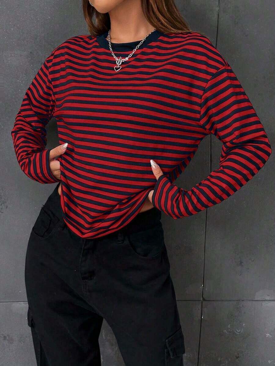 Camiseta básica de cuello redondo de manga larga a rayas para mujer - Rojo - Ver 1