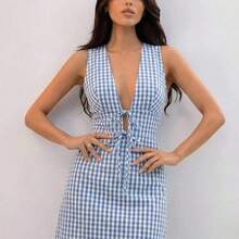 Striped Tank Mini Dress For Women With Deep V Neck And Pencil Hem Design, Summer,Summer Dresses For Women,Vacation Outfits Woman,Beach Outfits For Woman,Going Out Tops Women,Office Outfits For Women,Casual Dresses For Woman,Sexy Outfits For Women Lace Up Dress Tie Front Dress Blue And White Striped Dress - Azul y blanco - Ver 9