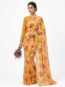 Estationeryhouse Chiffon Saree With Floral  Print In Pastal Colours, Blouse Not Included - Mango - View 1