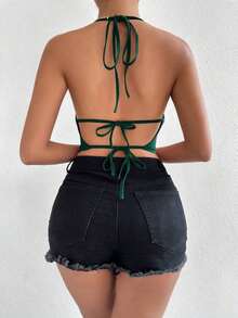 Top halter de cuello con fruncido de espalda abierta con cordón - Verde Oscuro - Ver 2