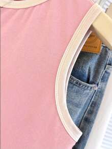 Camiseta de tirantes casual y versátil con ribete de contraste y cuello redondo para el verano - Rosa - Ver 5