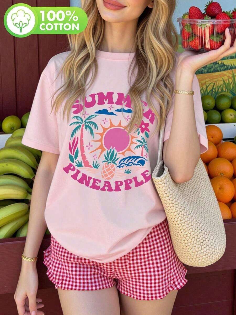 Women's Short-Sleeved T-Shirt With A Round Neck And Summer Landscape Print, Casual And Resort Style, Your Everyday Essential For Summer 2026. Printed T-Shirt, Pink Top For Women, Vacation Outfit - 粉色 - 查看 1