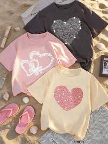 Short-Sleeved T-Shirt, Single Garment, Not A 3-Piece Set. 1 Piece/Set Of Short-Sleeved T-Shirts Suitable For Streetwear. Oversized Round Neck Top For Daily Outings, Camping, Concerts, Hip-Hop, Rock, And Rap Events. Features A Round Neck And Heart Print, Minimalist And Casual Style, For Women. New Arrival For Mother's Day In Summer. - 白色 - 查看 7