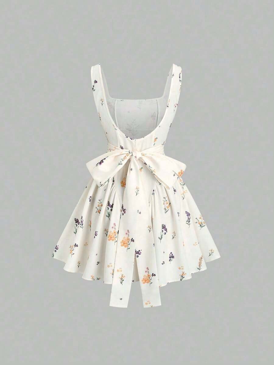 Vestido mini para mujer de alta gama, de estilo retroamericano, con estampado floral, espalda descubierta, corte slim, plisado, cuello asimétrico sin mangas y lunares - Multicolor 2 - Ver 1