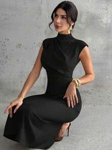 Vestido largo de mujer elegante y casual para uso diario, viajes y moda, con cuello mao, mangas drapeadas y cintura ceñida en color albaricoque - Negro - Ver 7