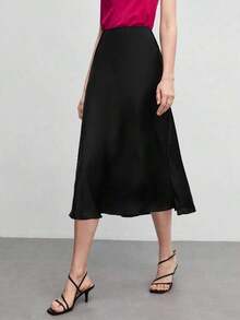 Falda negra básica de corte evasé para mujer, adecuada para el transporte urbano, negocios, uso casual, oficina, y atuendo formal elegante para mujer - Negro - Ver 9