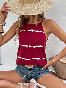 Top sin mangas de verano casual con estampado de rayas y cuello halter para mujer - Burdeos - Ver 4