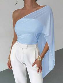 Blusa ajustada con volantes asimétricos de malla de punto con hombro asimétrico y empalme, elegante y casual, versátil, azul, adecuada para vacaciones, playa, atuendo de verano - Celeste - Ver 7