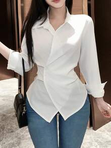 Blusa larga de manga larga con nudo de mujer, color liso, camisa de mujer para primavera y otoño, blusas de manga larga - Blanco - Ver 3