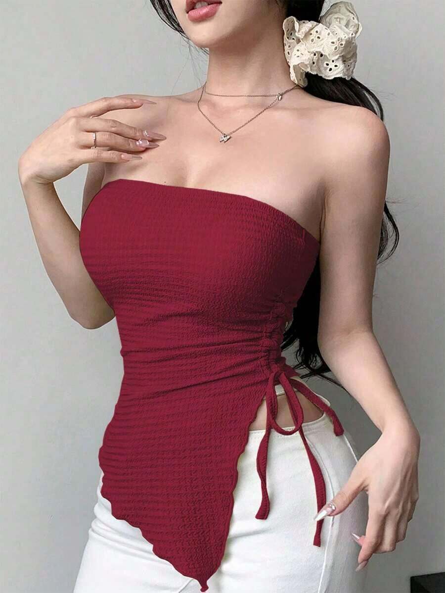 Blusa asimétrica plisada para mujer, ropa de vuelta al colegio, blusas para salir, top tubo - Rosa Roja - Ver 1