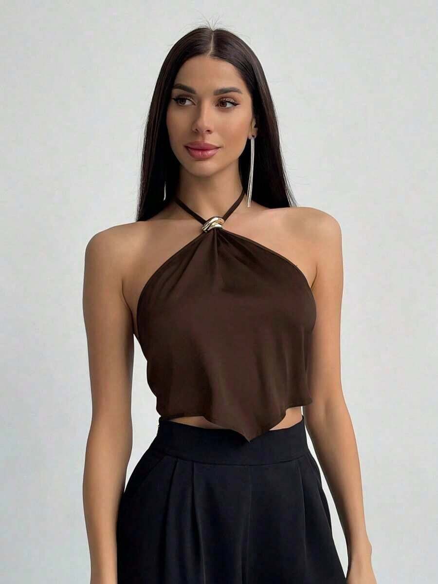 Camiseta de tirantes con cuello halter y bajo asimétrico para mujer - Café integral - Ver 1