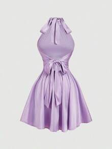 MOD Vestido mini con espalda descubierta, retorcido y fruncido en unicolor para mujer, vestidos de otoño para mujer, vestido, vestido, Acción de Gracias, vestidos elegantes para fiesta, vestido de invitada de boda, vestido de graduación, vestido de gala, vestido de noche elegante para boda - Morado - Ver 2