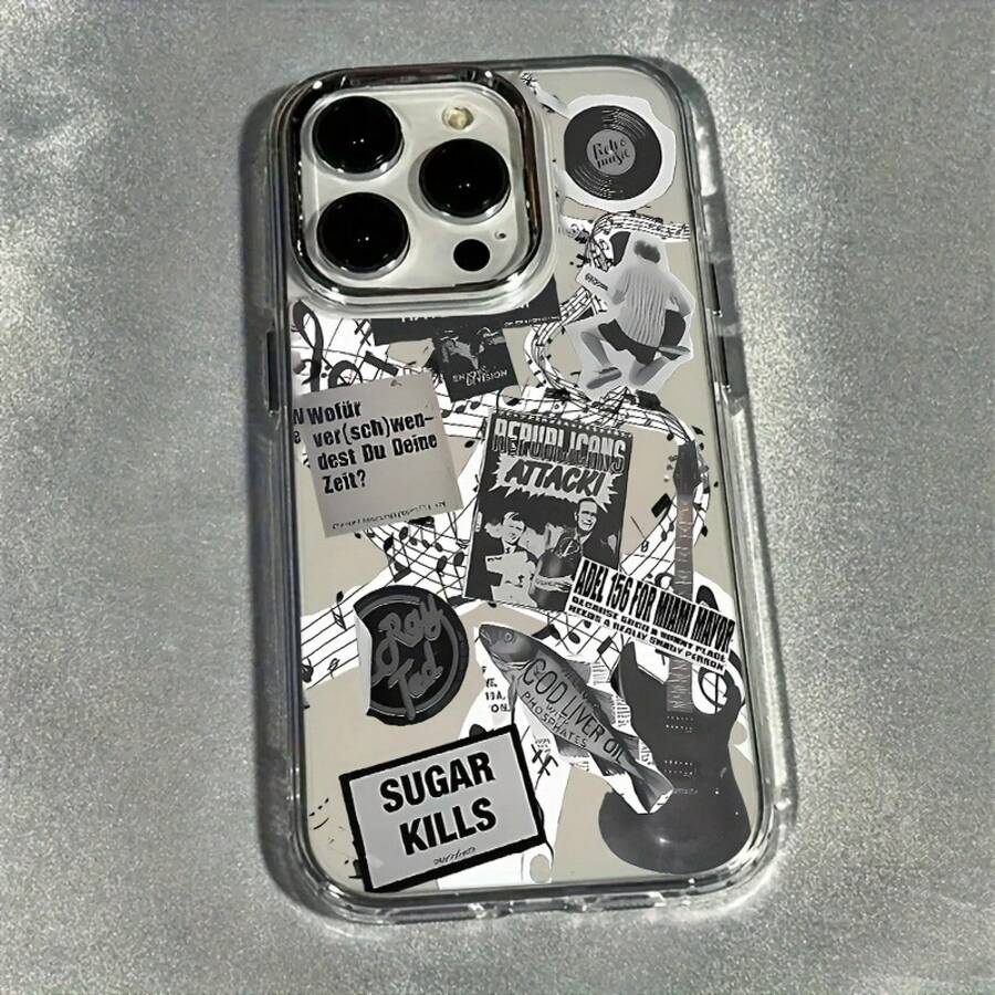 Funda para Teléfono: Diseño de Patchwork de Guitarra Vintage, Protector de Lente Transparente de Lujo con Recubrimiento Electrolítico, Marco para Fotos, Funda Suave para Teléfono, Compatible con Apple  17 16 15 14 13 12 11 Plus Pro Max Series, Diseño Moderno de Alta Calidad y Cobertura Total. - transparente - Ver 1