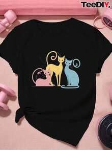 Women's Plus Size Short Sleeve Sports T-Shirt, 100% Cotton, With Three Stylized Cat Illustrations, 150g - Black - View 1