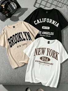 Women's Three-Piece Set Of Short-Sleeve Crew Neck T-Shirts, 100% Cotton, Thick Black And White T-Shirts, Popular Pattern And Letter Print, Unisex, Short Sleeve, Novelty For Spring/Summer And Autumn, Breathable And Comfortable, Simple And Versatile, Urban Style, Custom Slogan, Matching Sets For Couples, Base Layer, Suitable For Wearing On Labor Day And Mother's Day - 米色 - 查看 8