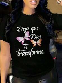 Camiseta de manga corta para mujer, nueva colección primavera-verano 2026, con diseño estampado, versátil para uso diario, adecuada para ocasiones de oficina y casuales. Cada pieza está empaquetada individualmente. - Negro - Ver 1