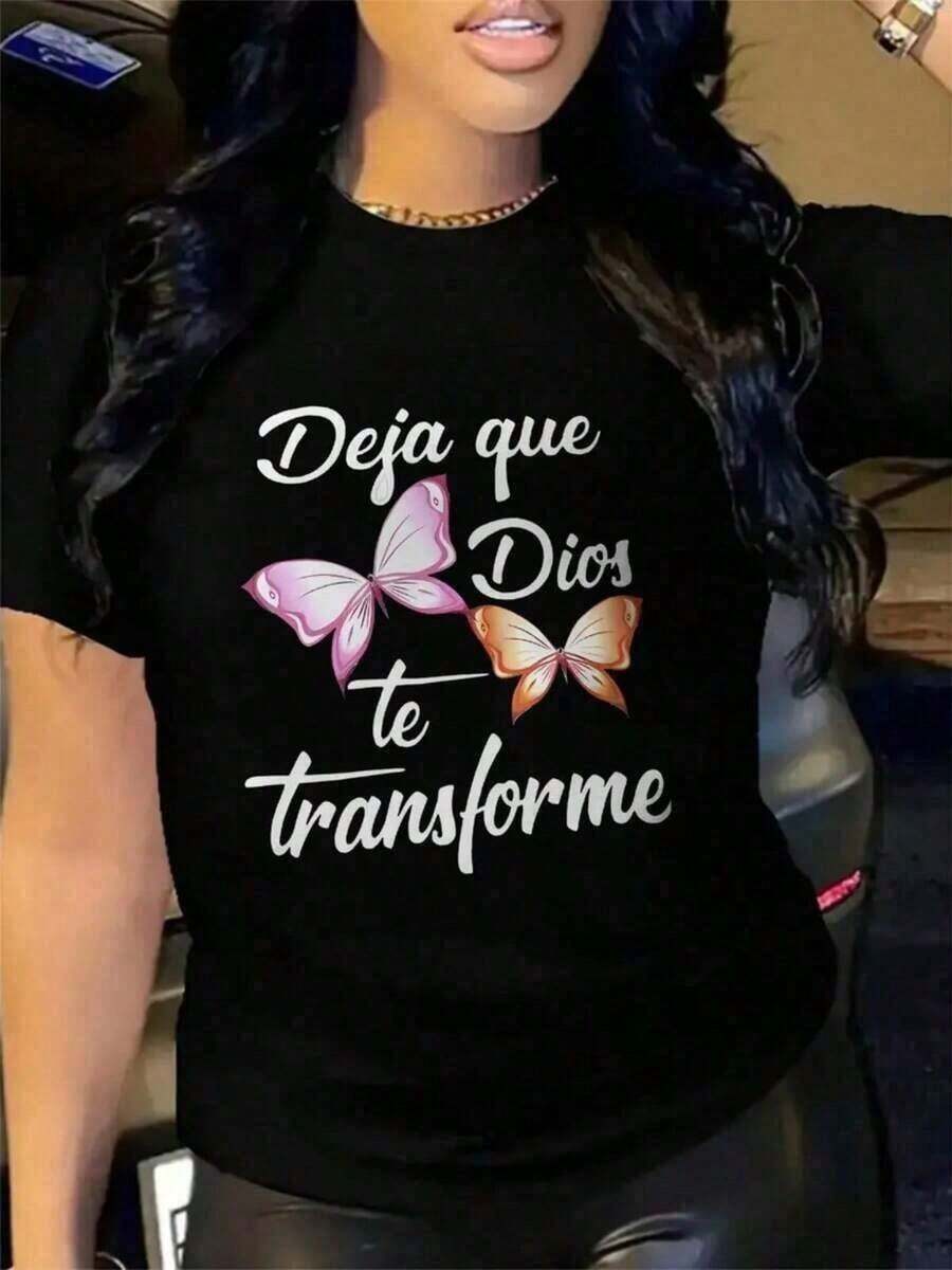 Camiseta de manga corta para mujer, nueva colección primavera-verano 2026, con diseño estampado, versátil para uso diario, adecuada para ocasiones de oficina y casuales. Cada pieza está empaquetada individualmente. - Negro - Ver 1