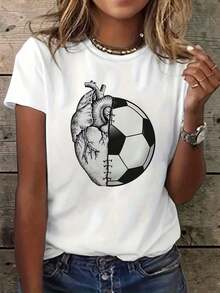 Women's Summer T-Shirt 2026, For Vacation, USA, Canada, Mexico World Cup, Fan T-Shirt, Graphic Print Tees, Is A Casual Short-Sleeved Crew Neck T-Shirt Printed With A Soccer Heart Pattern, Perfect For Summer And Spring, Designed Specifically For Women. 100% Cotton, Suitable For Spring Wear, Plus Size Women's Clothing - 白色 - 查看 6
