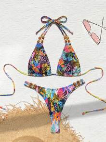 Bộ bikini nữ gợi cảm, nhiều màu sắc, họa tiết graffiti và hoa lá, điểm nhấn là hạt gỗ, kiểu dáng tam giác cạp cao, thích hợp cho kỳ nghỉ và tiệc tùng. - Nhiều màu - Xem 2