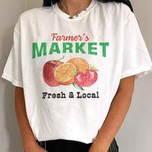 Vintage Casual T-Shirt With Farmers Market Fruit Print, Short Sleeve, Cute Graphic Design, Country Aesthetic, Strawberry T-Shirt, 100% Cotton, Durable - 白色 - 查看 7