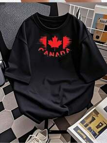 Distressed Canadian Flag Graphic Tee For Patriotic Styles, Perfect For Canada Day Celebrations And National Events. 100% Cotton. Great For Gifting. Women's Tee. Stylish. Bohemian Style. Soft, Breathable, And Comfortable Garment, Perfect For Spring, Summer, And Fall; Ideal For Vacations, Travel, And Everyday Wear. Perfect For Watching A Game. - 黑色 - 查看 2
