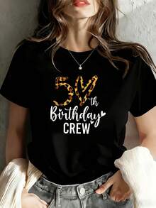 Women's 50th Birthday T-Shirt - "50 And Fantastic" Leopard Print With Number 50 - Round Neck Short Sleeve Casual Top Suitable For Parties, Outfits, Birthday Gifts (Machine Washable) - 黑色 - 查看 1
