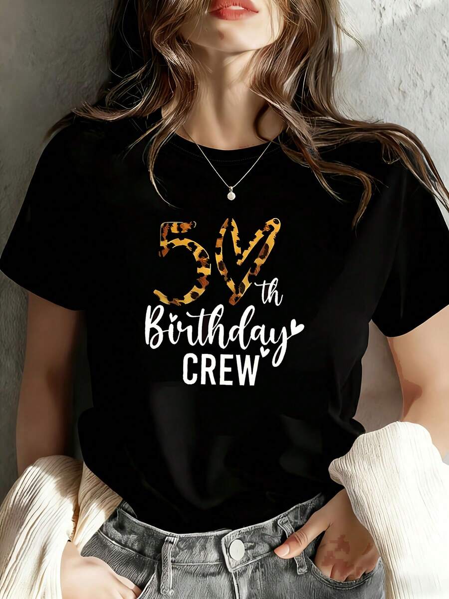 Women's 50th Birthday T-Shirt - "50 And Fantastic" Leopard Print With Number 50 - Round Neck Short Sleeve Casual Top Suitable For Parties, Outfits, Birthday Gifts (Machine Washable) - 黑色 - 查看 1