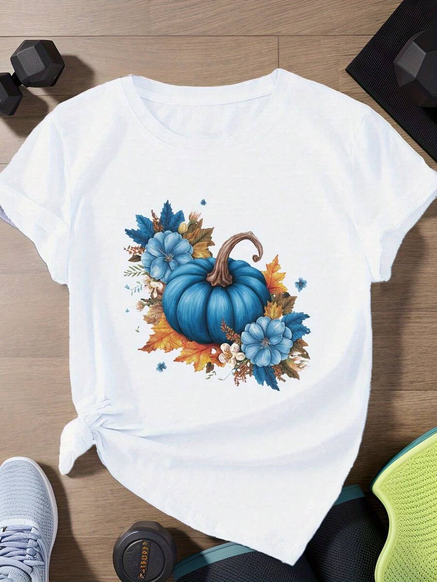 Camiseta de Mujer con Estampado de Calabaza y Flores, Talla Grande, Deportiva, de Manga Corta - Blanco - Ver 1