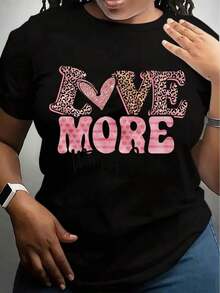 Women's Leopard And Pink Heart Print T-Shirt, Cute Valentine's Day T-Shirt, Fashionable Glitter Design T-Shirt, Casual Wear For Valentine's Day And Everyday Style - 黑色 - 查看 1