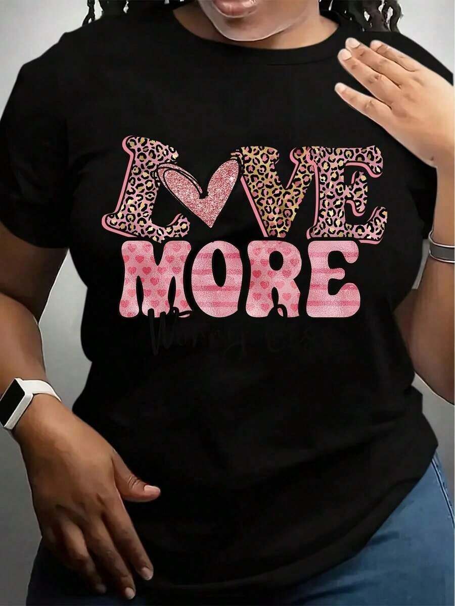 Women's Leopard And Pink Heart Print T-Shirt, Cute Valentine's Day T-Shirt, Fashionable Glitter Design T-Shirt, Casual Wear For Valentine's Day And Everyday Style - 黑色 - 查看 1