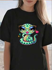Comfortable 1 Piece Women's Blouses Beautiful Blouses For Women Sets For Women Women's Clothing Black And White G High Quality Glamorous Snake Print T-Shirt Round Neck Loose Basic Cut For Men And Women Breathable Versatile Machine Washable Comfortable Size S ~ 3XL Essential For Daily Casual Summer Sports Loose Versatile Short Sleeve T-Shirt For Women - 黑色 - 查看 11