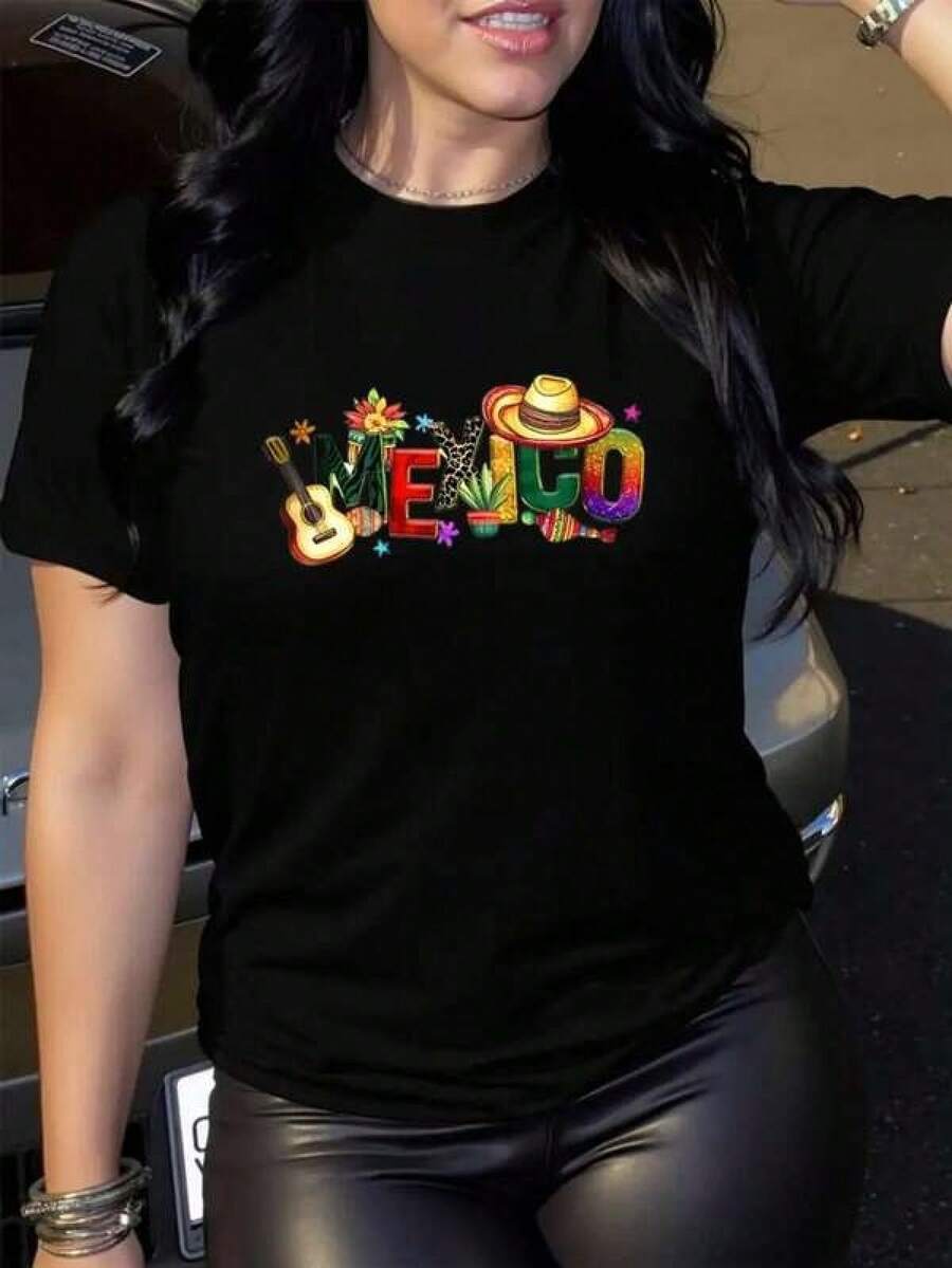 Camiseta casual de manga corta para mujer - VIVA MÉXICO con estampado gráfico de sombrero y maracas, tejido suave y transpirable, lavable en máquina, esencial para primavera, verano y otoño, ropa festiva con tema mexicano. - Negro - Ver 1