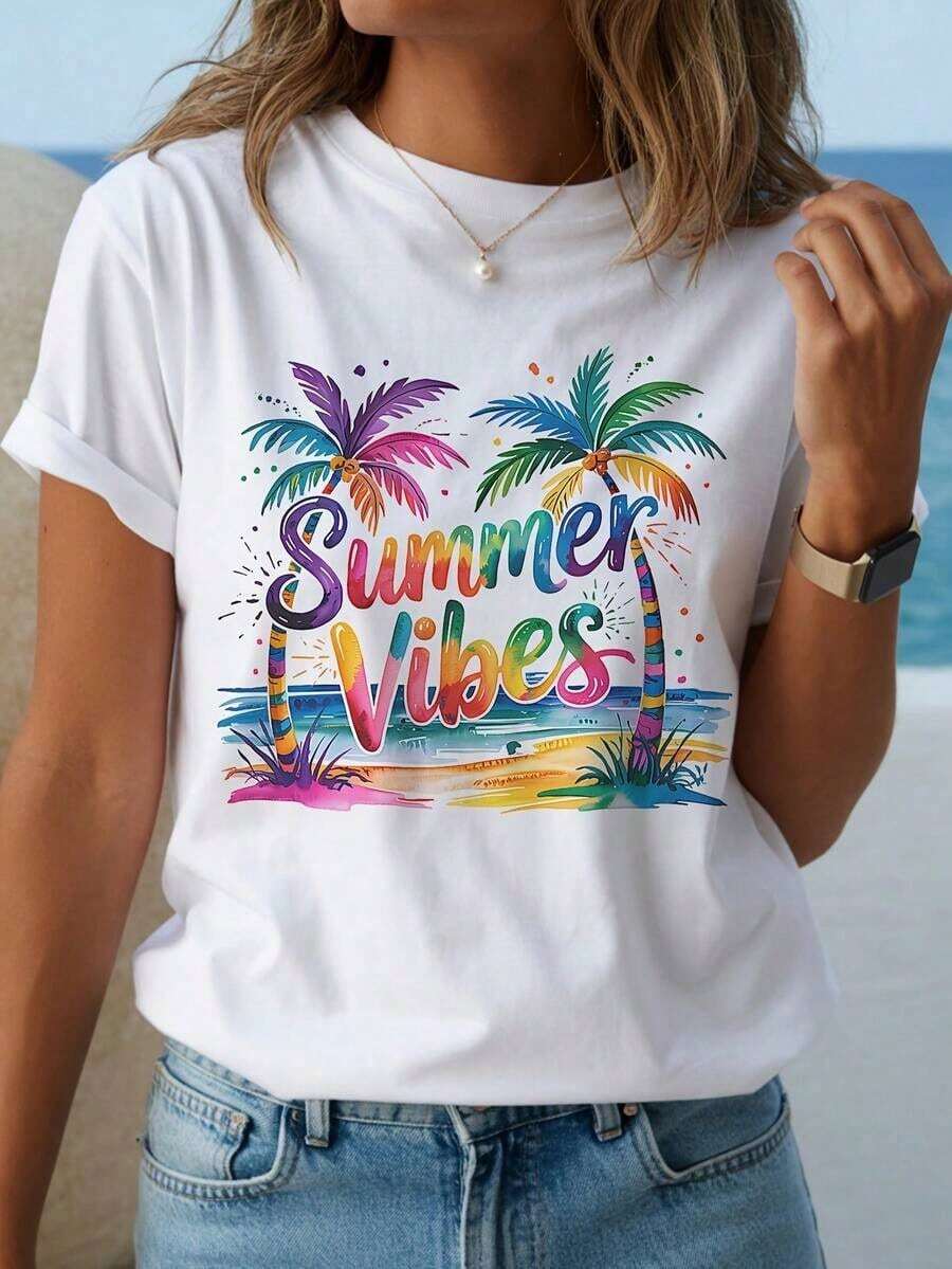 Camiseta con diseño de palmera tropical estilo Y2K y un toque veraniego - Una camiseta de playa ligera de manga corta y cuello redondo adornada con un estampado en rosa claro, morado, azul, amarillo, naranja y verde - Perfecta para uso casual en primavera y verano. - Blanco - Ver 1