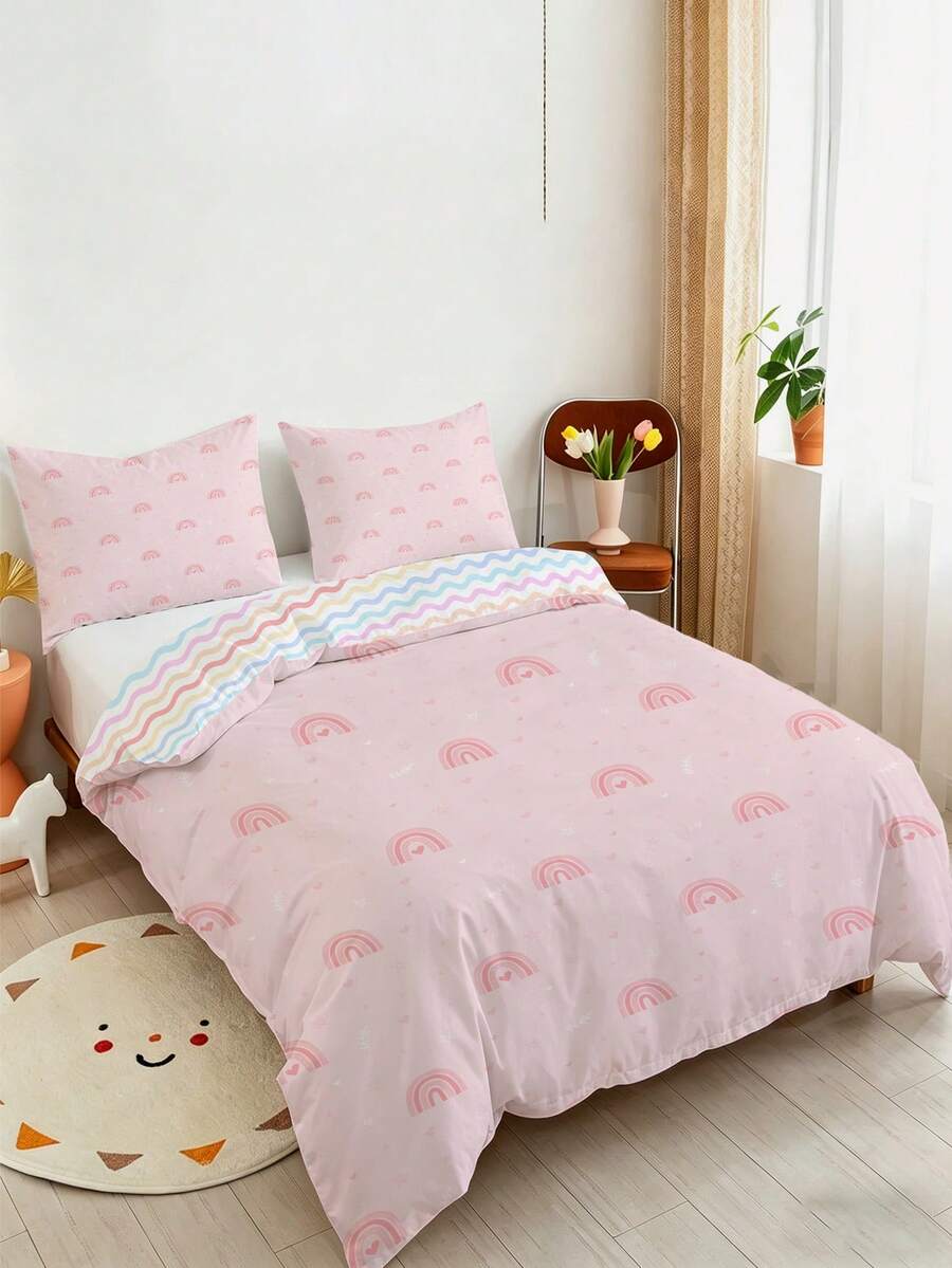 2/3pcs Set Pink Rainbow Pattern Kids Bedding Set, Cute Heart & Rainbow Print Duvet Cover Pillowcase Combo, Soft Reversible Rainbow Striped Bed Set (Fits Twin/Full/Queen), Suitable For Children, Teens, Adult Women Bedroom - Multicolor - View 1