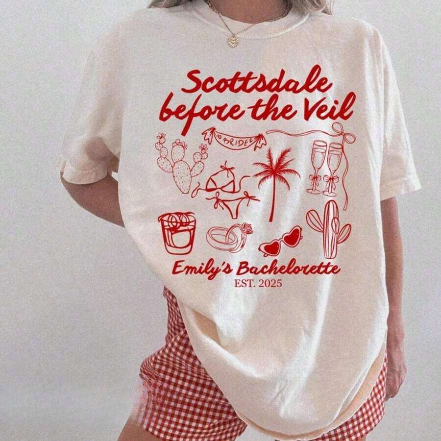 Camisetas Premium de 1 pieza personalizadas para despedida de soltera en Scottsdale, despedida de soltera en el desierto, Scottsdale Antes del Velo, fiesta nupcial personalizada, despedida de soltera de lujo, regalo personalizado para el Día de San Valentín/compromiso/boda/festividades/vida diaria, ecológico. - Blanco - Ver 1