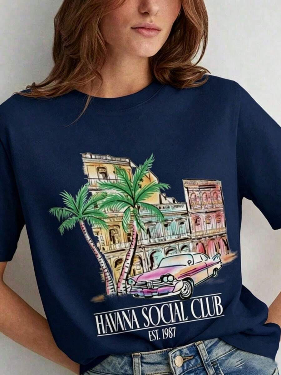 Women Havana Social Club T-Shirt Loose Short Sleeve Vintage Boho Graphic Tees Cute Aesthetic Vacation T Shirt Retro Summer Tops,Women's Graphic Round - 藏蓝色 - 查看 1
