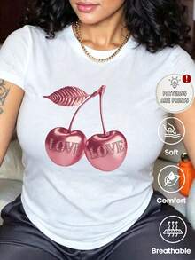 This Relaxed-Fit, Crew-Neck, Short-Sleeved T-Shirt Is Perfect For Summer. It Features A Fun And Stylish Retro Print Of Metallic Cherries With A Diamond Effect That Spells Out "LOVE." Ideal For Vacations, The Office, Outings, Everyday Wear, Dates, Parties, Meetings, And Urban Looks. A Versatile Piece With A Casual And Sporty Style, It Makes A Great Gift For Any Occasion. - 白色 - 查看 1