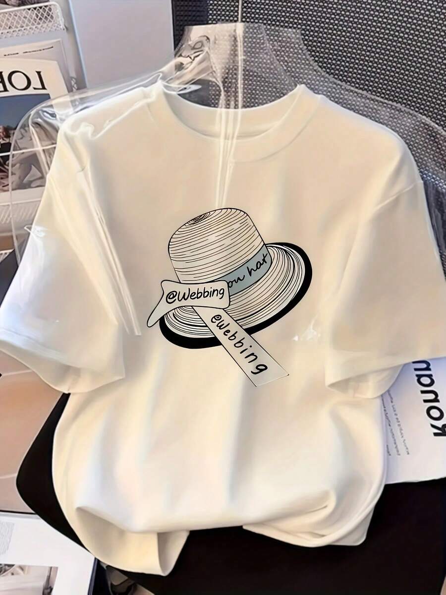 Camiseta Elegante de Manga Corta para Mujer con Estampado de Sombrero Estiloso - Tela de Poliéster Suave y Transpirable, Perfecta para Uso Casual de Verano - Color Beige, Diseño de Corte Relajado, Transpirable y Cómoda - Blanco - Ver 1