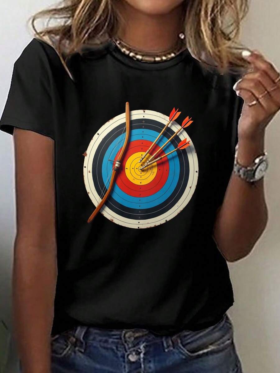 Women's Casual Short-Sleeved T-Shirt With Archery Target Print Design, Perfect For Spring And Summer - 黑色 - 查看 1