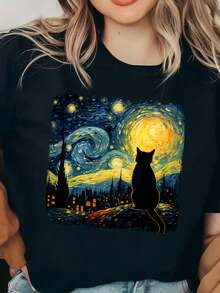 1 pieza de parche termoadhesivo de vinilo con estampado de gato de la Noche Estrellada de Van Gogh, aplique de animales en colores mixtos para moda DIY, regalo perfecto para amantes de los gatos, compatible con camisetas, jeans, bolsos y ropa para gatos. - Negro - Ver 8