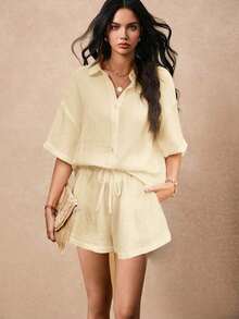 de verano de dos piezas para mujer, conjunto de playa de dos piezas, tela de algodón 100% con textura, mangas acampanadas, pantalones cortos con bolsillos laterales, adecuado para vacaciones, conjunto de camisa holgada y suelta, blanco, trajes de - Amarillo claro - Ver 4