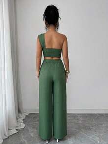 Elegante conjunto de 2 piezas de top sin mangas y pantalones con decoración floral 3D para vacaciones casuales para mujeres - Verde - Ver 2