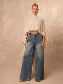 Nueva llegada Blusa elegante de mujer de alta gama con cuello suelto, bajo asimétrico con volantes, parte delantera corta y parte trasera larga - Albaricoque 3 - Ver 5