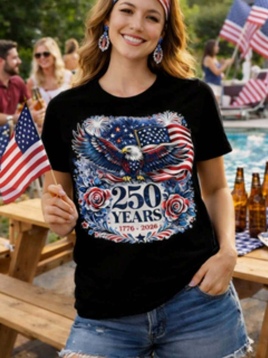 Camiseta de Talla Grande para Mujer, 250º Aniversario 1776-2026, Estampado Floral de Águila Americana, Casual, Manga Corta, Cuello Redondo, Patriótica, para el Cuarto de Julio - Negro - Ver 1