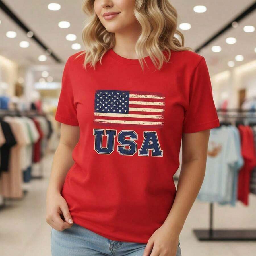 Camiseta de algodón para mujer con estampado gráfico de la bandera de Haití, manga corta, cuello redondo, estilo casual, corte holgado para uso diario, tallas S-5XL disponibles, camiseta con diseño patriótico, camiseta básica suave y cómoda, blusa de verano a la moda. - Rojo - Ver 1